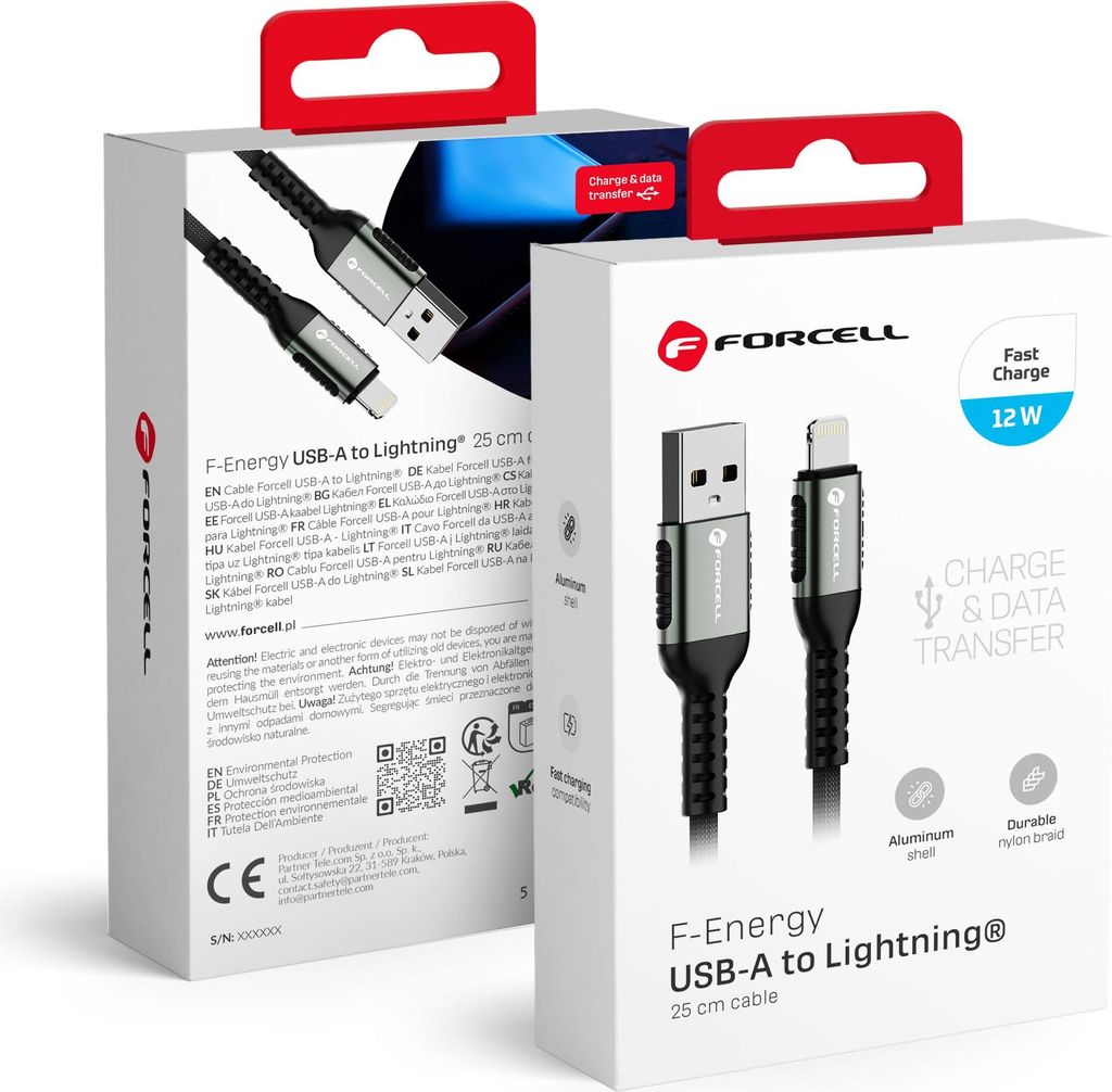 FORCELL F-ENERGY C257 USB A zu Lightning 2.4A 12W Cafule 0,25m Kabel schwarz