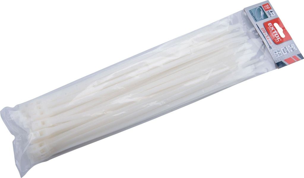 Pásky stahovací na kabely EXTRA, bílé, 370x7,6mm, 50ks, nylon PA66