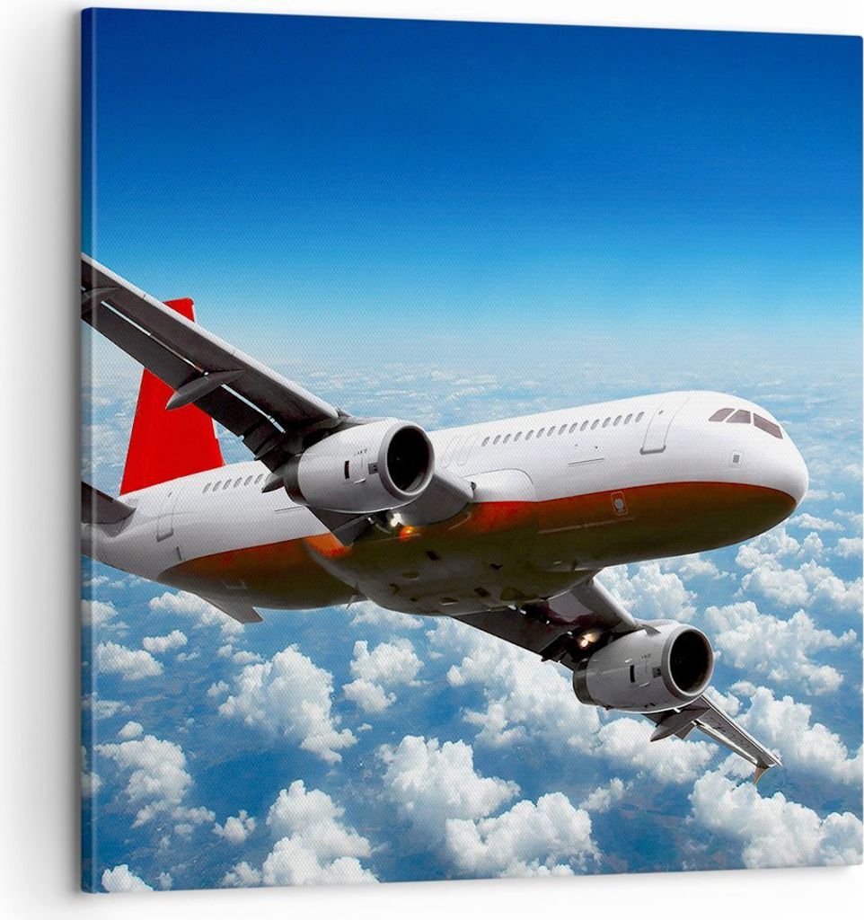 Bild auf Leinwand - Leinwandbild - Passagier Flugzeug Motoren Wolken - 60x60cm - Wand Bild - Wanddeko - Leinwanddruck - Bilder - Kunstdruck - Leinw...