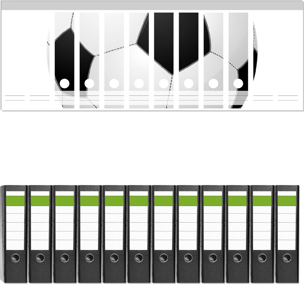 Wallario 12 Stück breite Ordner inkl. Klebeetiketten mit Motive Fußball klassisch vor weißem Hintergrund - Set mit Rückenschildern / Ordnerrü...