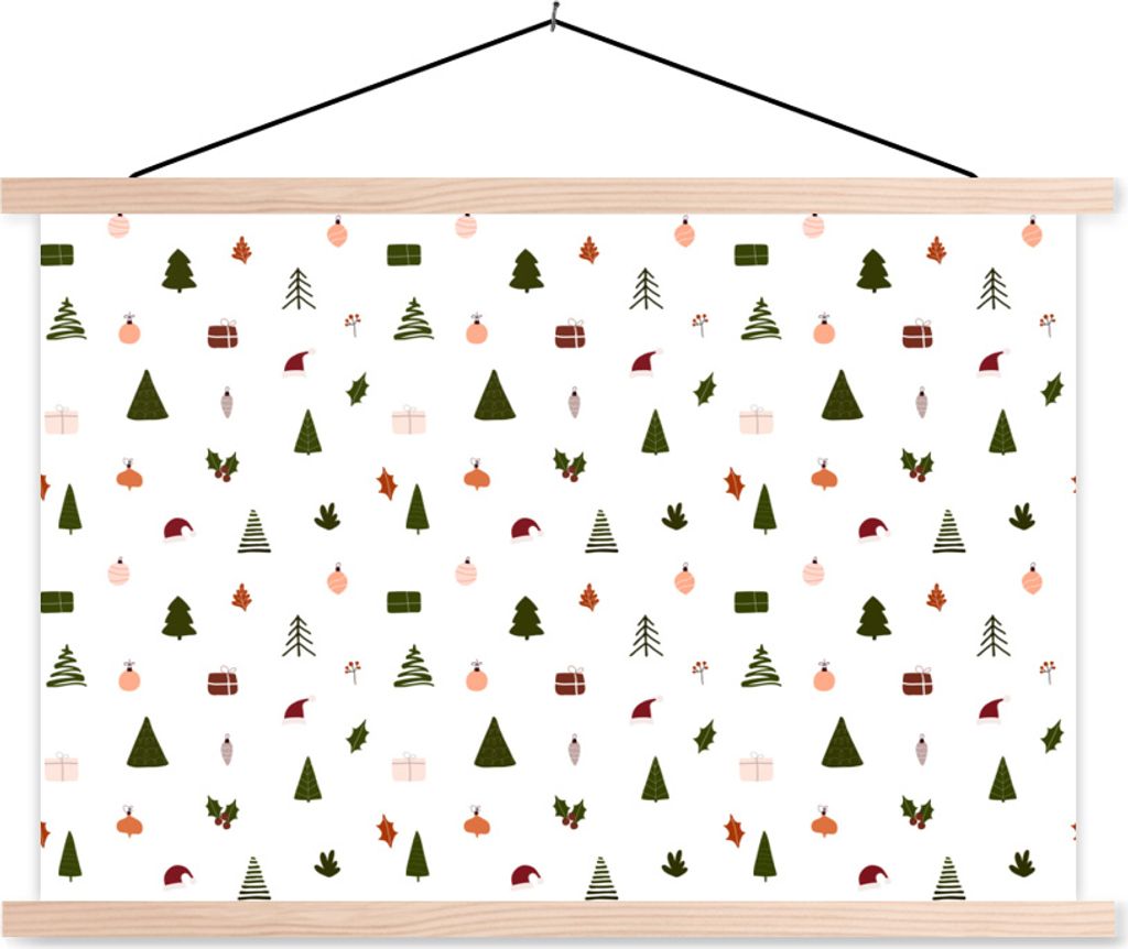 MuchoWow Textilposter Weihnachten - Schablonen - Weiß 120x80 cm mit holzfarbenen Rahmen - Aufhängeset
