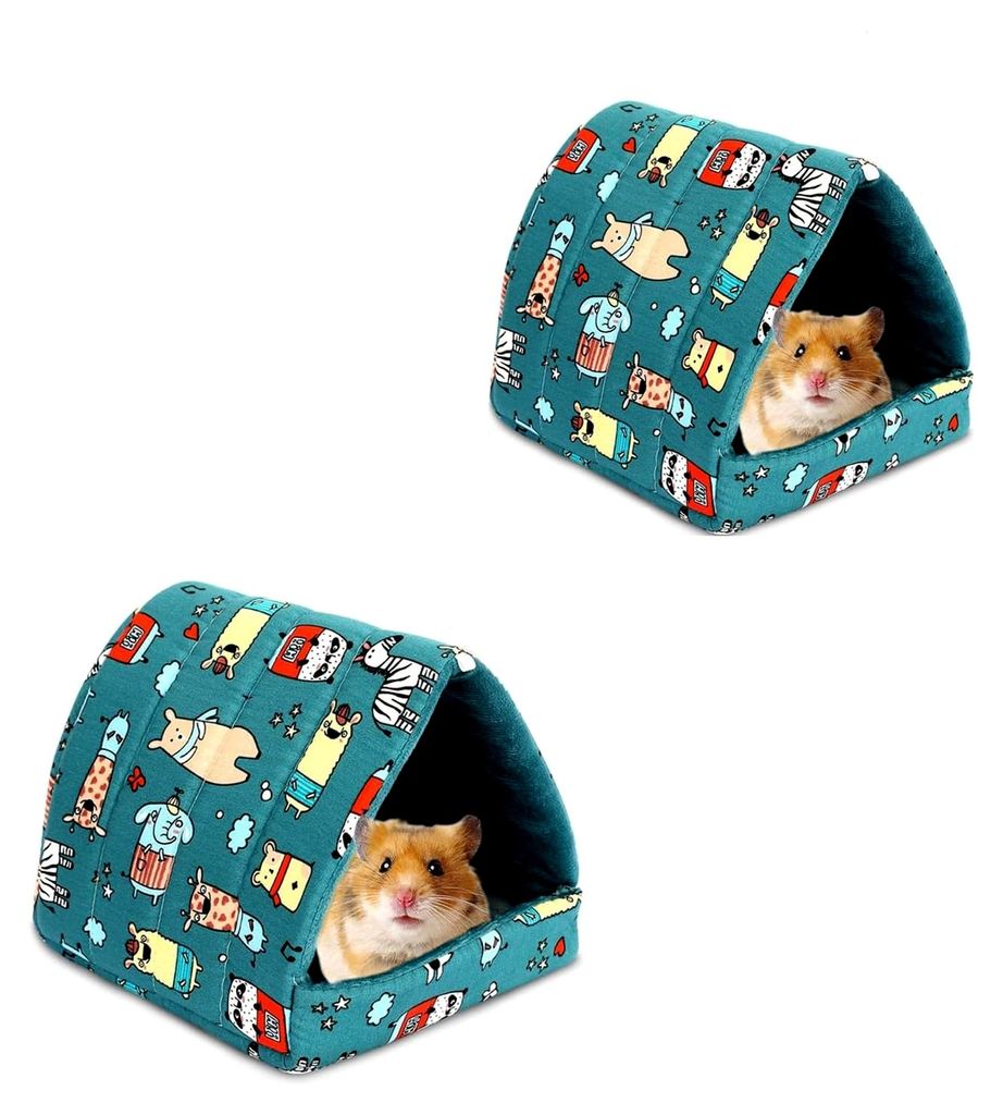 2 Stück Kleintier-Kuschelhöhle, 19x19x6 cm, Waschbar, Türkis mit Tiermuster, Gemütliches Haus für Hamster und Meerschweinchen