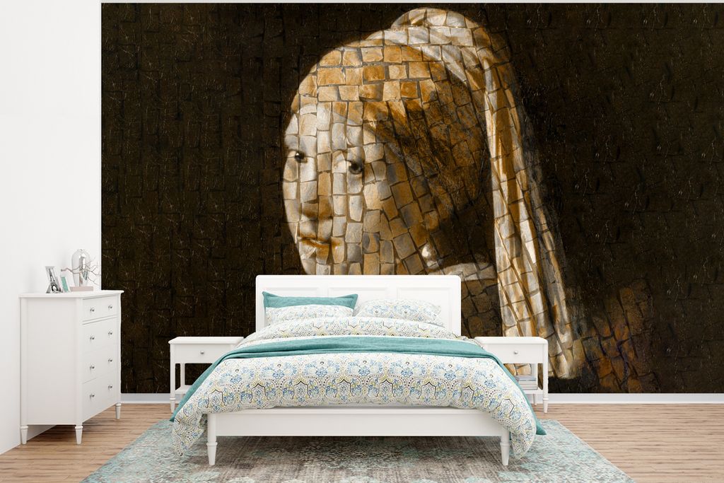 MuchoWow Fototapete für Wohnzimmer oder Schlafzimmer Wandtapete Vinyl Motivtapete Mädchen mit Perlenohrring - Gemälde - Mosaik - 400x300 cm - ...