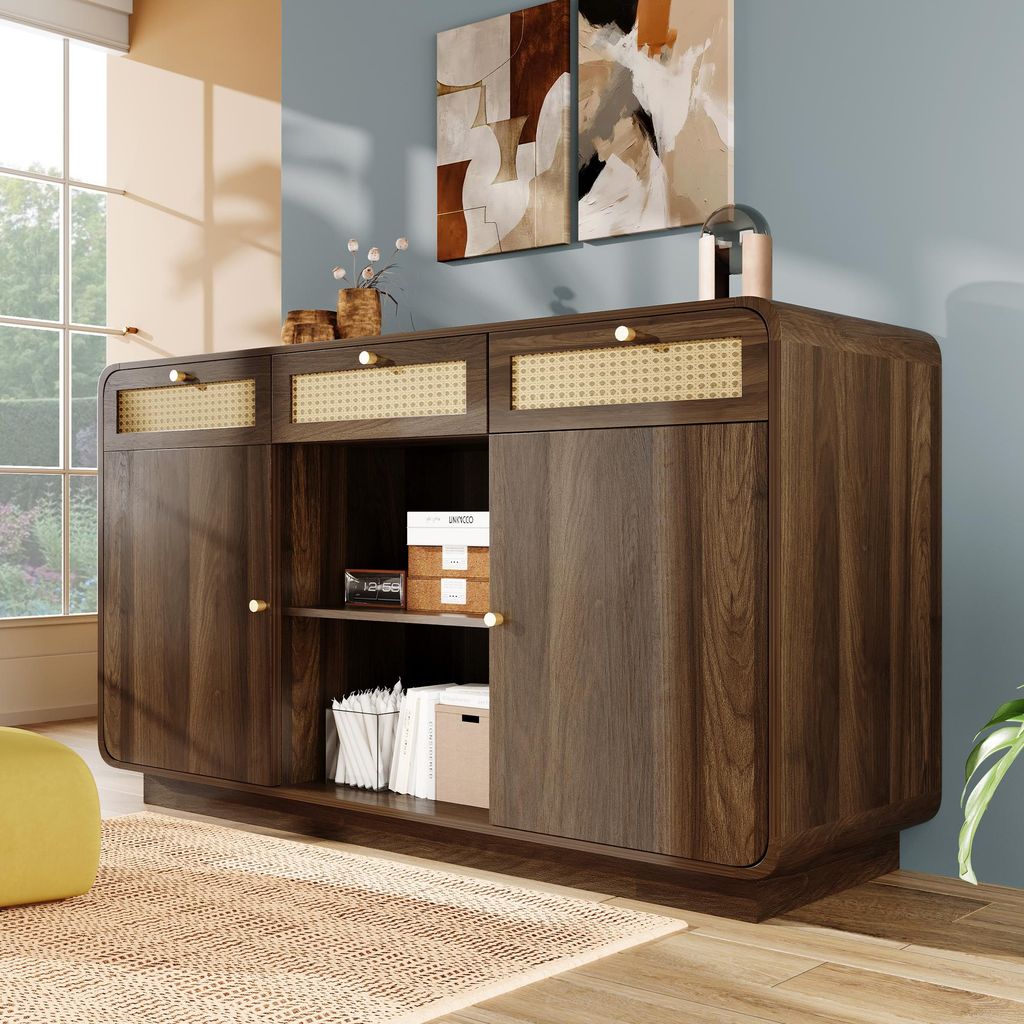 Merax Sideboard 120cm Nussbaum mit offenes Regal, Schubladenschrank mit Rattan und Goldgriffen, Kommode mit 3 Schubladen und 2 Schränke