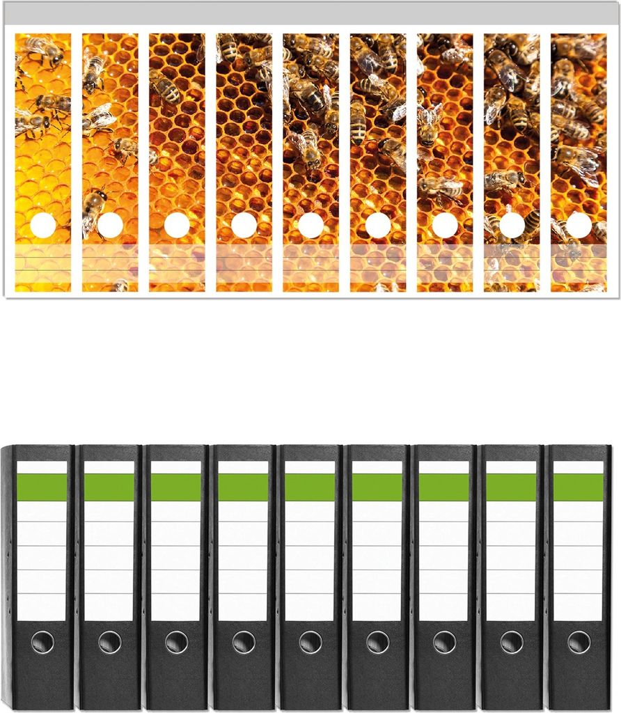 Wallario 9 Stück breite Ordner inkl. Klebeetiketten mit Motive Honigwaben mit Bienen - Set mit Rückenschildern / Ordnerrücken Stickern