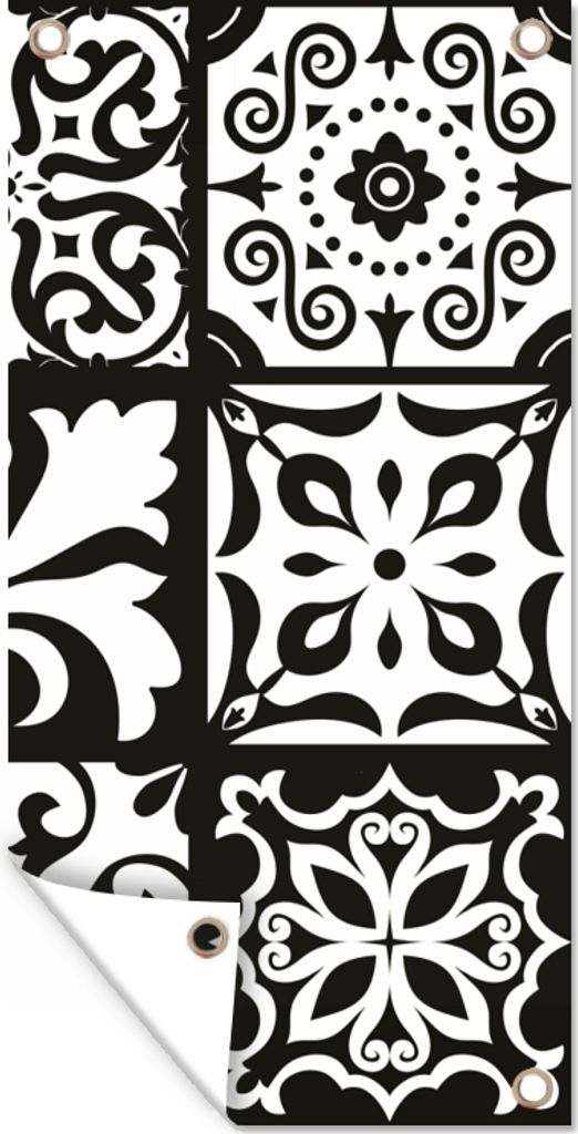 MuchoWow 40x80 cm Outdoor-Poster Gartendeko Sichtschutz Garten Poster für den Garten Muster - Schwarz - Weiß - Blumen - Abstrakt