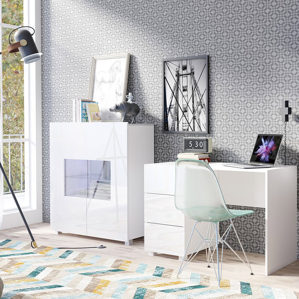 Büro Möbel Set in weiß Hochglanz mit LED Beleuchtung CAIRNS-132, B/H/T ca. 225/107/50 cm