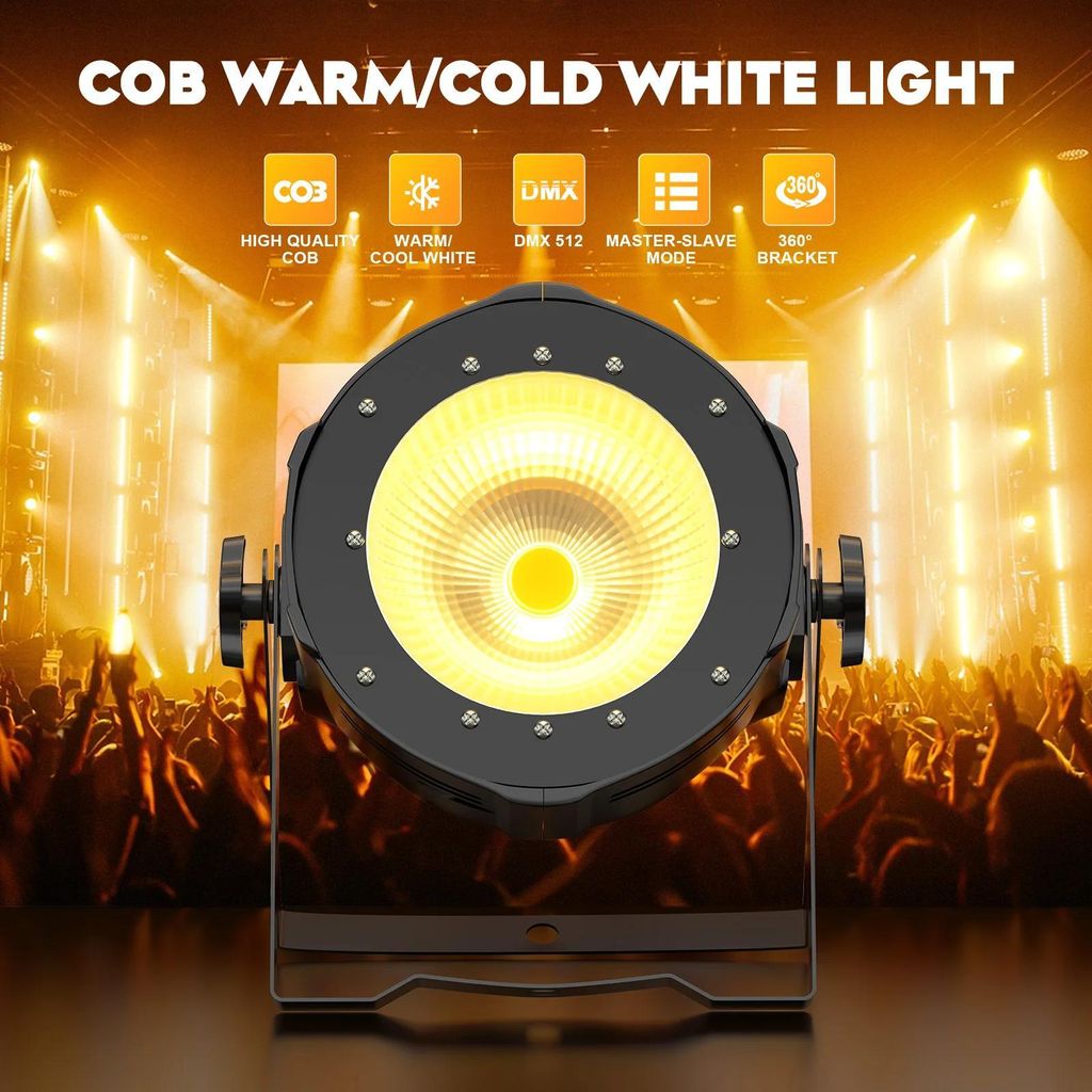 COB LED PAR - 100W DMX512 PAR Scheinwerfer - 1x 100W COB - 2/3-Kanal DMX - Auto/Sound/Master-Slave - 90–240V - Warmweiß