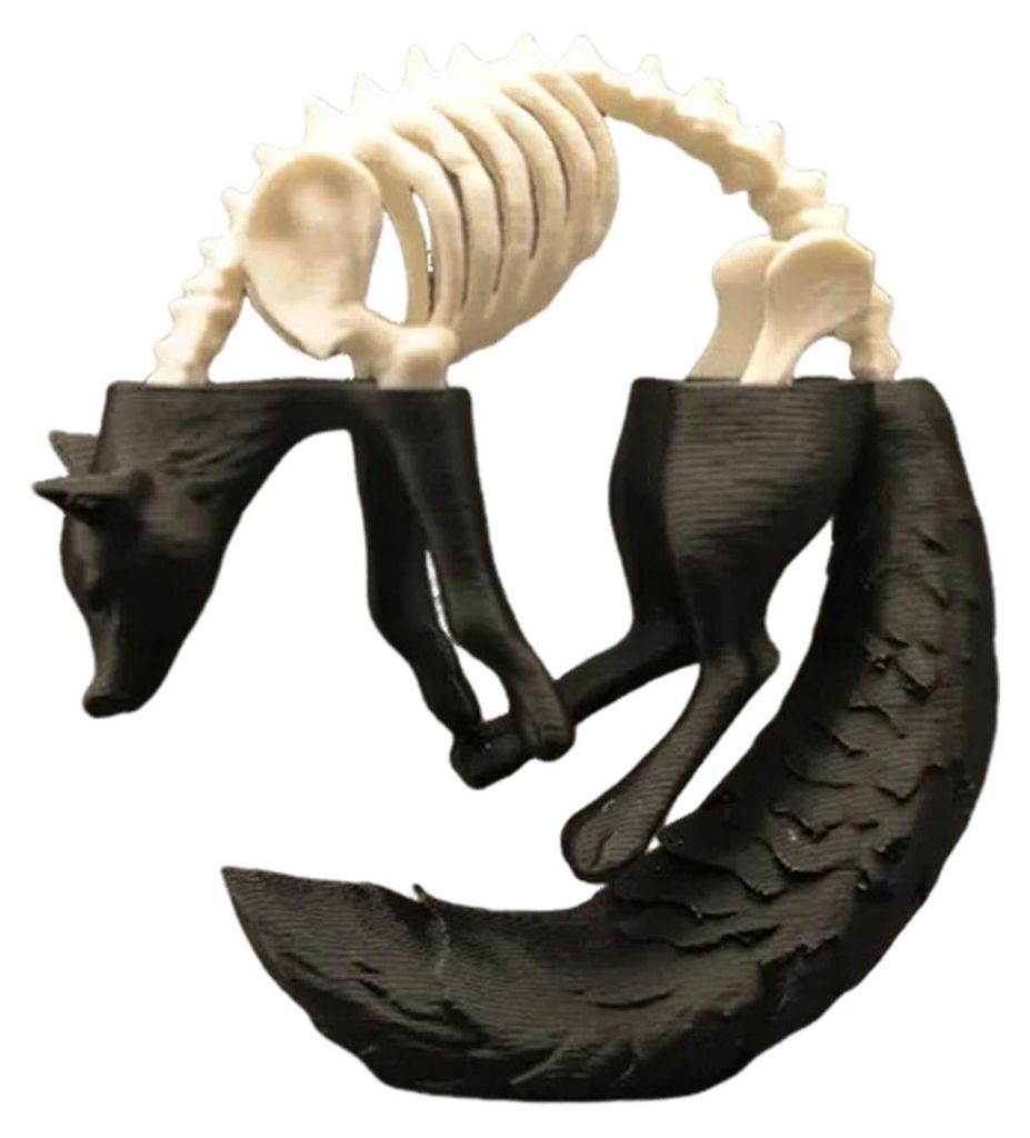 3D-gedruckte Fuchsfigur, halb Skelett, halb Fleisch, zusammengerollt – Künstlerische Fuchsstatue, Sammlerstück zur Tisch- oder Regaldekoration