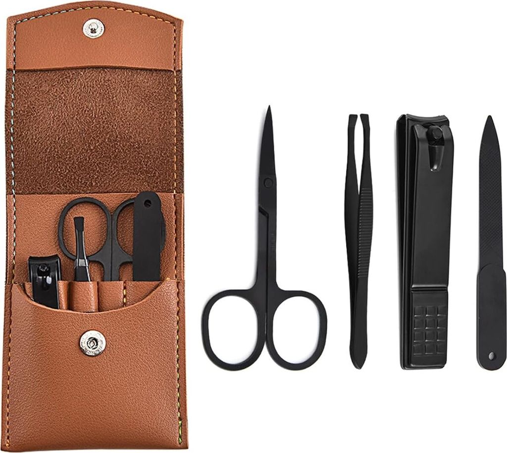 Maniküre Set 4 Teilig, Nagelschere, Augenbrauenklammer, Kosmetikschere und Nagelfeile, Nagelpflegeset im Lederetui, Nagelset für Fuß oder Finger...