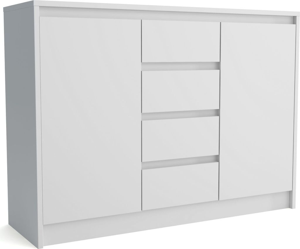 Masseno Kommode ASTORRE 113 cm Sideboard mit 4 Schubladen und 2 Türen für Wohnzimmer Schlafzimmer Modern 113x35x82 cm Weiß / Weiß
