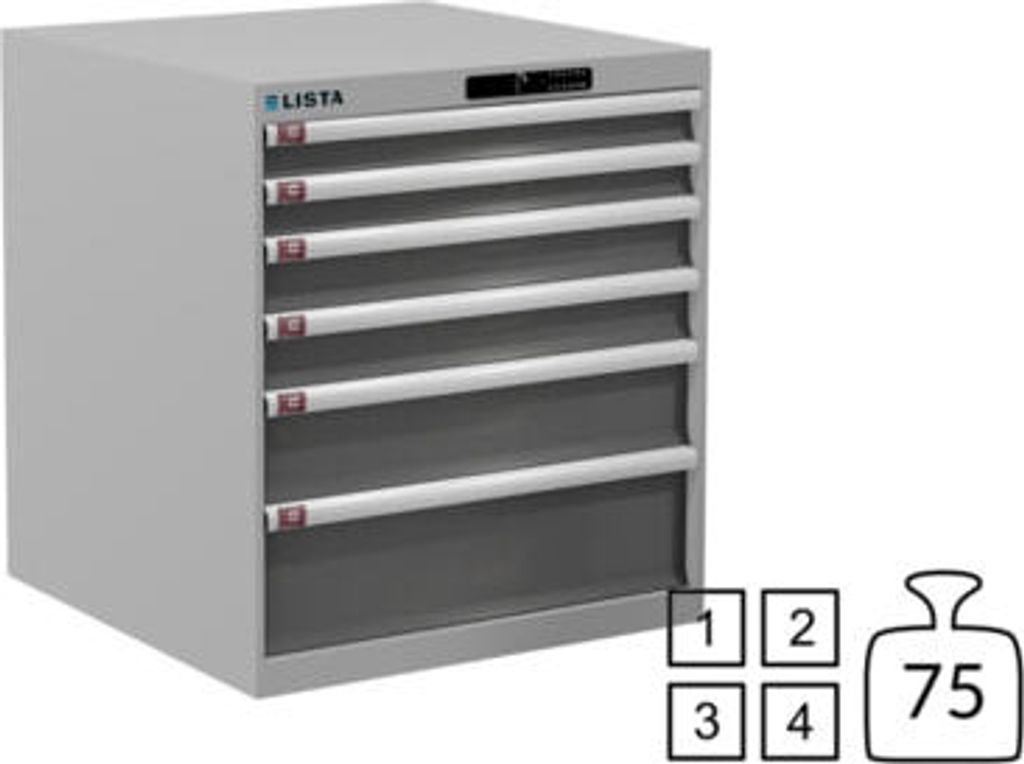 Lista Schubladenschrank - 78.637.519 - 800x717x725 mm (HxBxT) - 6 Schubladen - 75 kg - Code Lock - RAL 7035/NCS S 6502-B