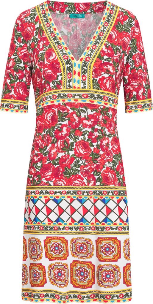 Kleid La Rosa mit Rosenprint, V-Ausschnitt und kurzen Ärmeln, sommerlich, bunt