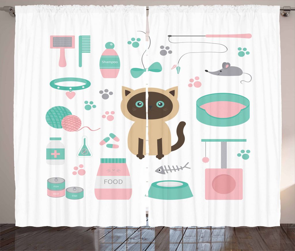 ABAKUHAUS Kätzchen Rustikaler Vorhang, Cartoon Domestic Siamese, Wohnzimmer Universalband Gardinen mit Schlaufen und Haken, 280 x 245 cm, Mehrfarbig