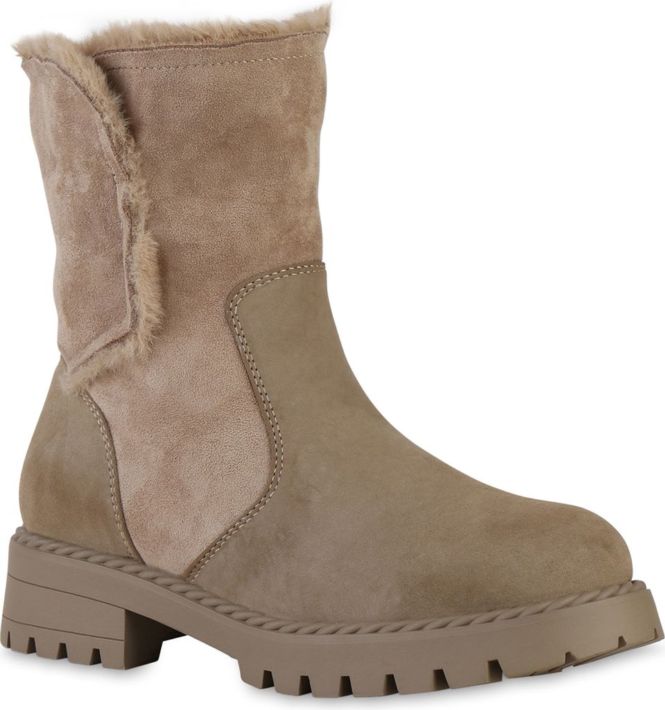 VAN HILL Damen Gefütterte Klassische Stiefeletten Kunstfell Plateau-Schuhe 841338, Farbe: Khaki, Größe: 36