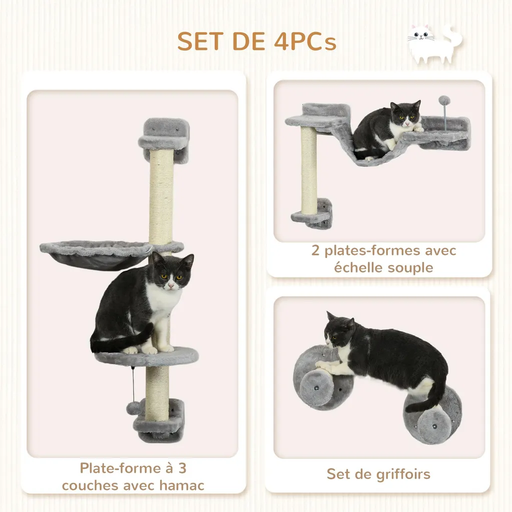 Parcours Mural pour Chat avec Arbre à Chat Suspendu et Hamac Gris