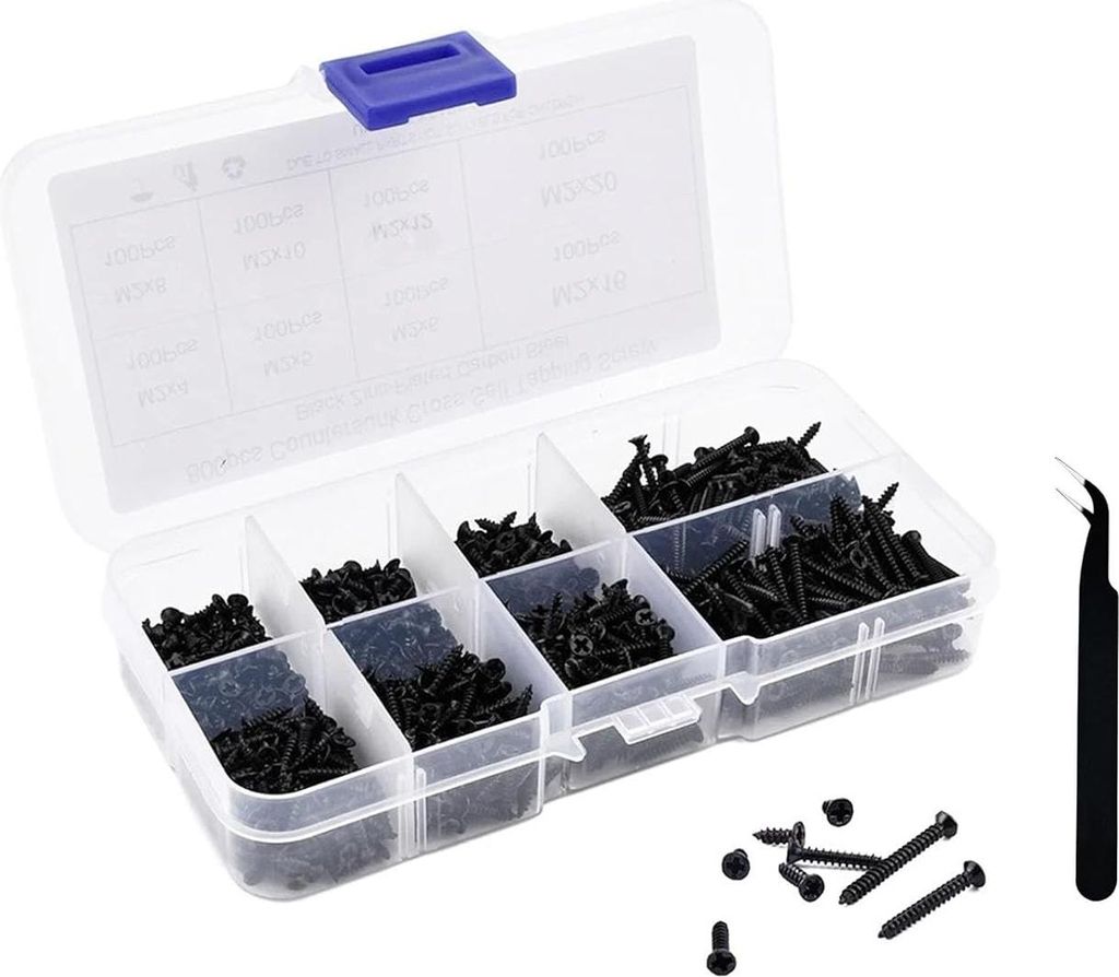 800x M2 Schrauben Set Schwarz – Holzschrauben Set 4-16mm – Mini Schrauben Sortiment Kreuz & Senkkopf – Blechschrauben für Holz Metall Beton