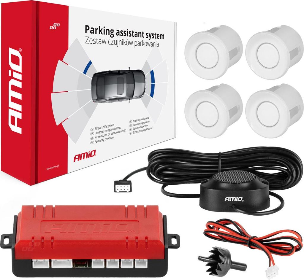Einparkhilfeset mit 4 weißen Sensoren und Buzzer AMIO-01568 Produktbild 