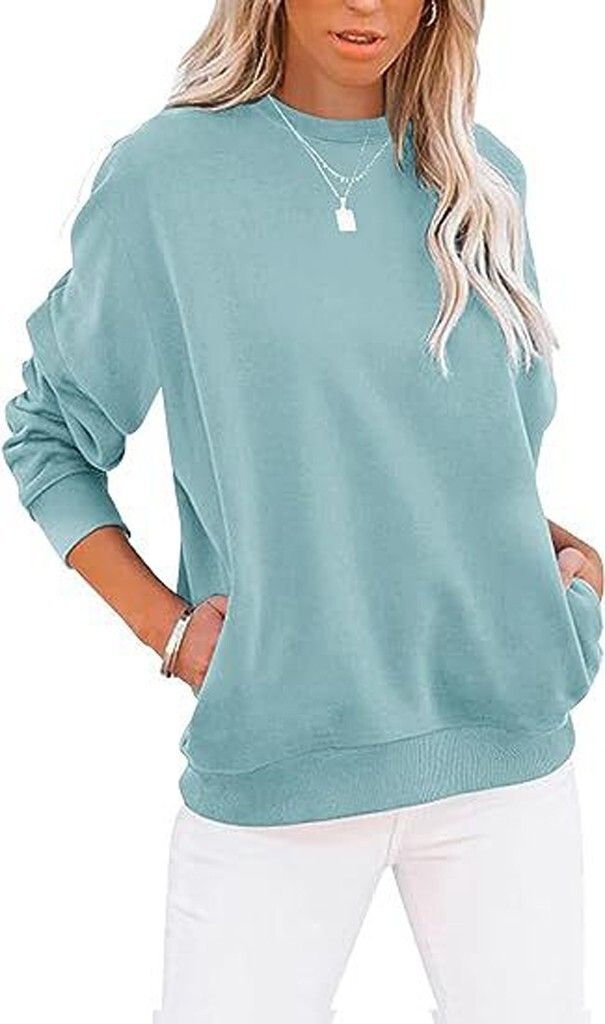 ASKSA Damen Pullover Rundhals Langarm Sweatshirt Casual Lose Einfarbige Herbst Winter Oberteile Oversize Tops, Hellblau, XXL