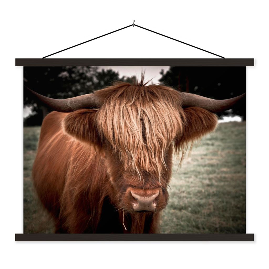 MuchoWow Textilposter Schottischer Highlander - Baum - Gras 40x30 cm mit schwarzem Rahmen - Dekorationen