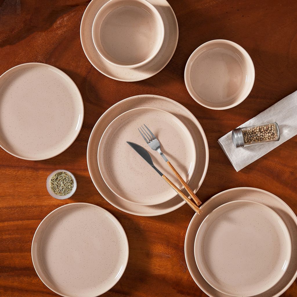 Tafelservice aus Steingut, 36-teiliges Kombiservice, Geschirrset für 12 Personen, Speiseteller, Dessertteller und Schalen, Pink