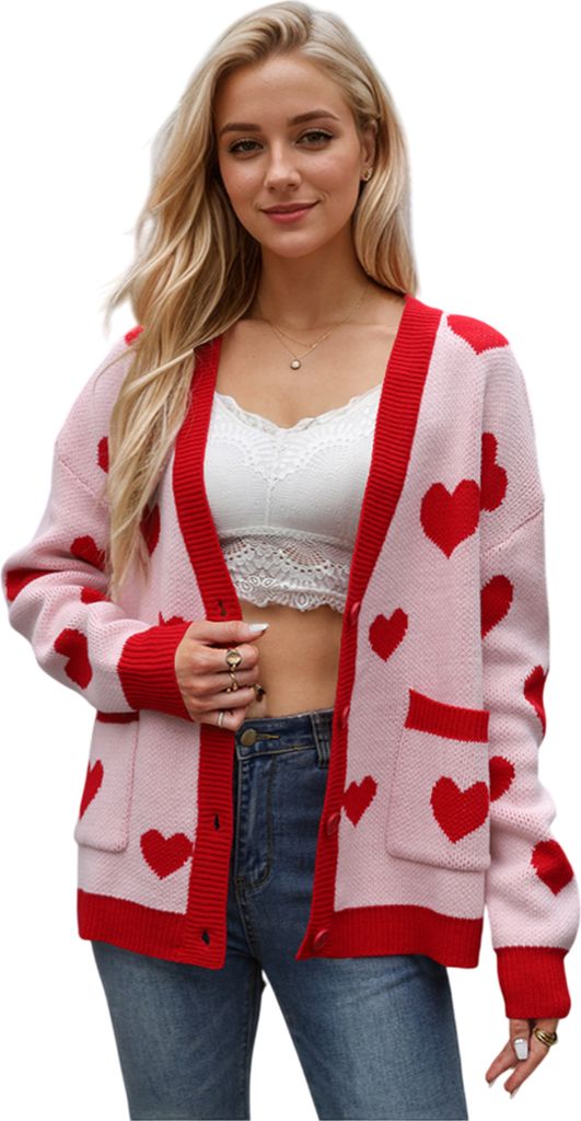 ASKSA Damen Strickjacken V-Ausschnitt Herz Gedruckt Valentinstag Suesser Strickcardigan Herbst Winter Cardigan Pullover (Rosa,L)