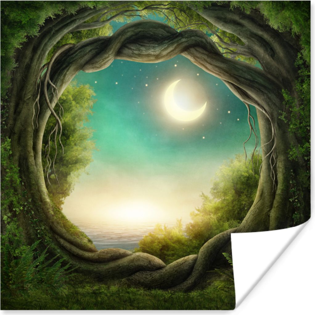 MuchoWow Poster Wald - Mond - Sternenhimmel 50x50 cm - Wohnzimmerdekoration