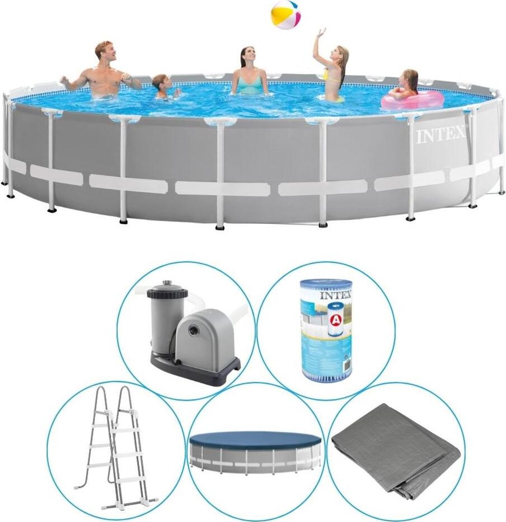A collage of images showing an Intex Prism Frame swimming pool and its accessories.