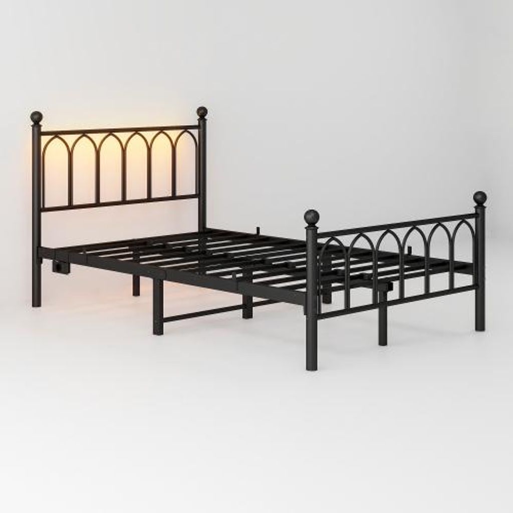 Kinderbett 120x200cm Metall Bettrahmen Ohne Matratze Mit Vintage Kopf Und Fussplatte USB Ladestation LED Stahl Unterbett Speicher Schwarz Jugendbett