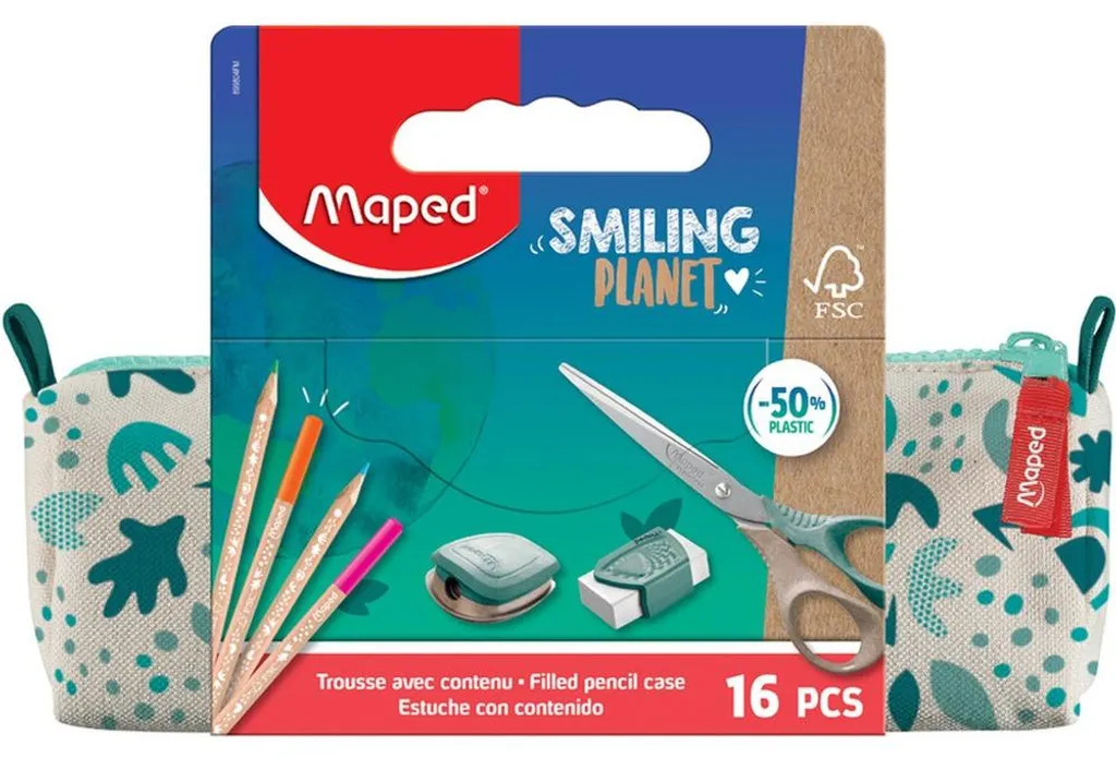 Trousse de toilette équipée Maped Smiling Planet écologique crème et verte