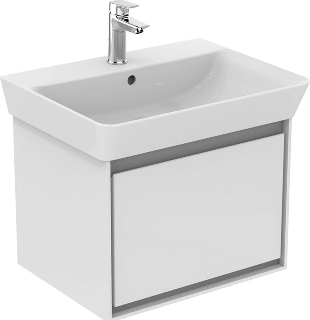 A white bathroom sink with a chrome faucet is shown against a white background.