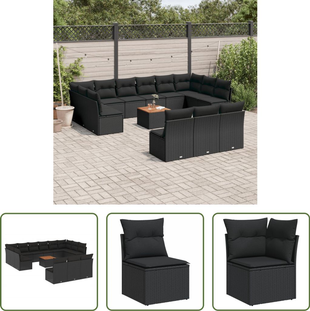 The Living Store 14-tlg. Garten-Sofagarnitur mit Kissen Schwarz Poly Rattan