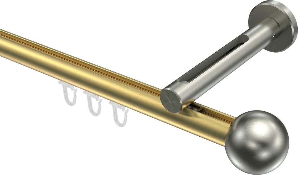 Interdeco Innenlaufstange / Gardinenstange mit Innenlauf Messing-Optik / Edelstahl-Optik, Typ Siteno Luino (Kugel), 20 mm Ø 1-läufig, 420 cm