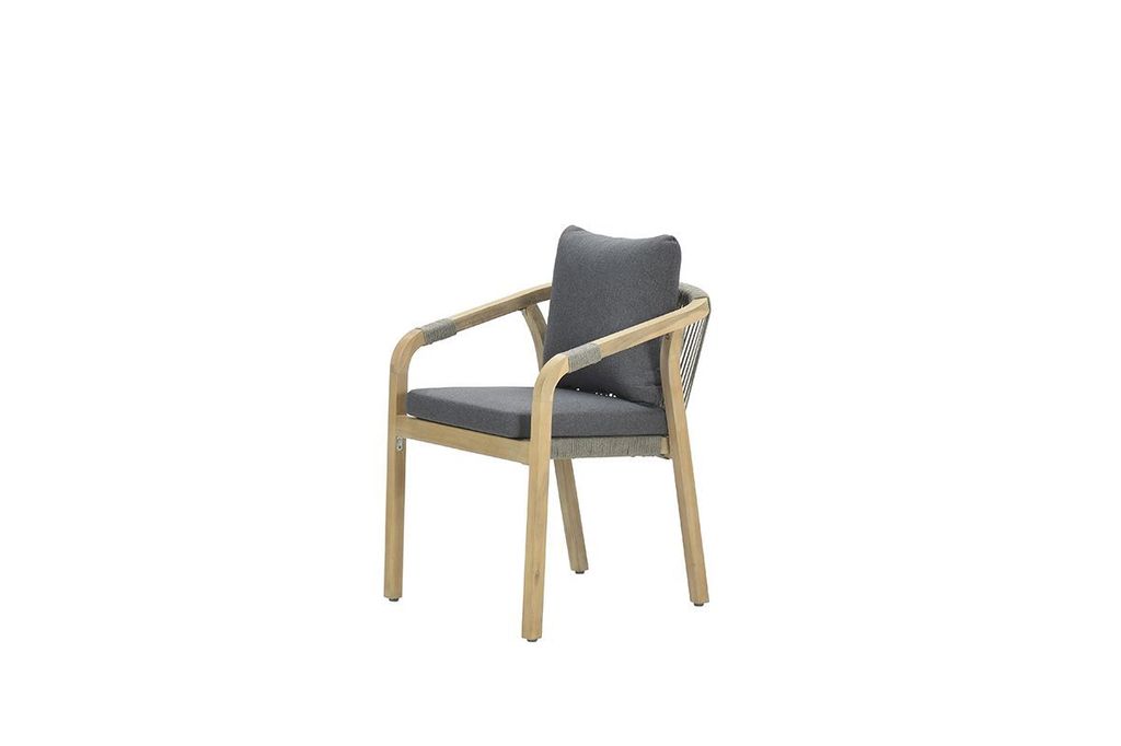 A single outdoor dining chair with a grey cushion and backrest, set against a white background.