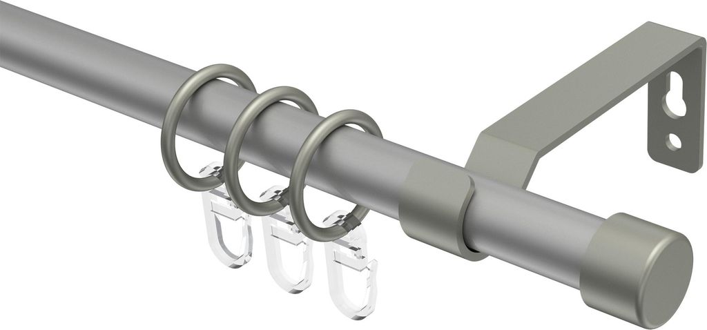Interdeco Gardinenstange / Vorhangstange Silbergrau / Chrom matt, Typ Olymp Lucan (Kappe), 16 mm Ø 1-läufig, 400 cm