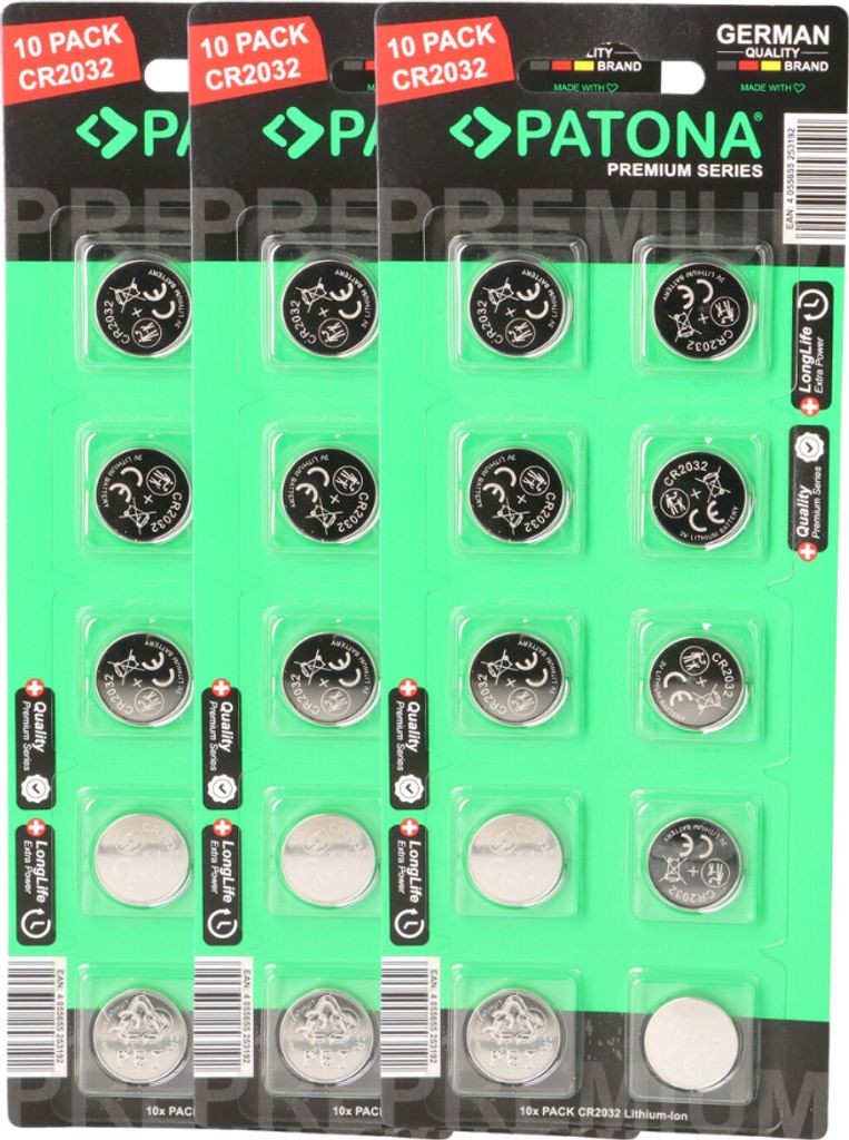 PATONA Premium 30x CR2032 Batterien (3x10er) Pack 3V Lithium