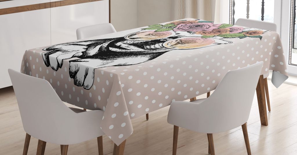 ABAKUHAUS Humorvoll Tischdecke, Lustiger Hund mit Rosen-Kranz, Druck mit Klaren Farben ohne Verblassen Waschbar für innen oder Außen Bereich, 140...