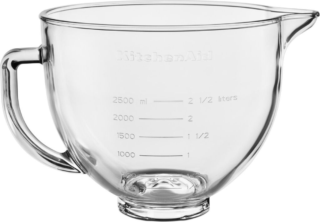 A clear glass mixing bowl for a KitchenAid stand mixer, with volume markings.