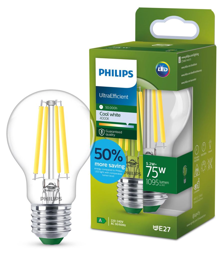 Philips Filament-Lampe, transparent, 75W A60 E27, 5,2 W, 75 Produktbild 