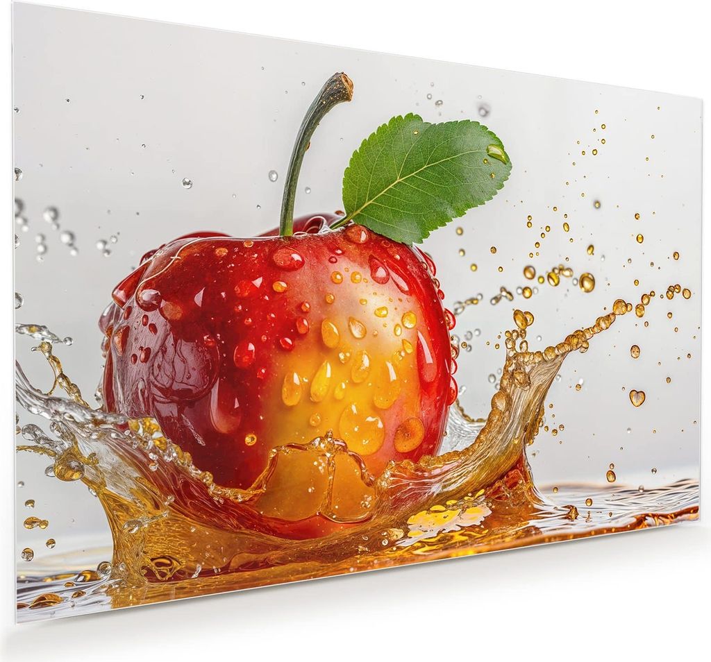 Glasbild 90x60cm in XXL für Wohnzimmer, Schlafzimmer Motiv Spritzender Apfel