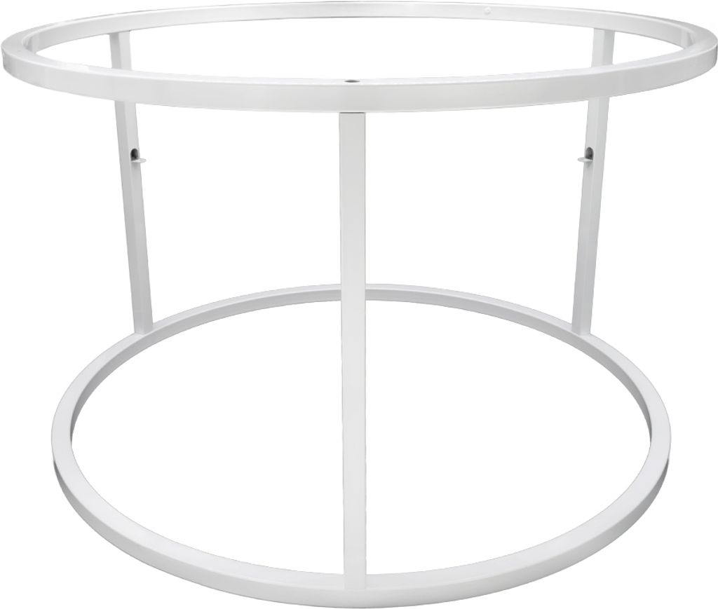 A white metal table base with a circular top and bottom frame, supported by vertical struts.