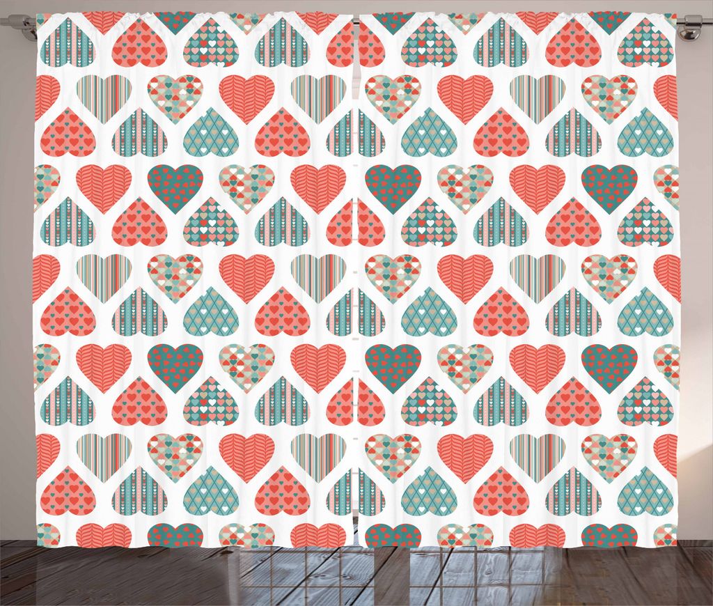 ABAKUHAUS Valentines Rustikaler Vorhang, Retro-Herz-Muster, Wohnzimmer Universalband Gardinen mit Schlaufen und Haken, 280 x 245 cm, Teal Coral Weiß