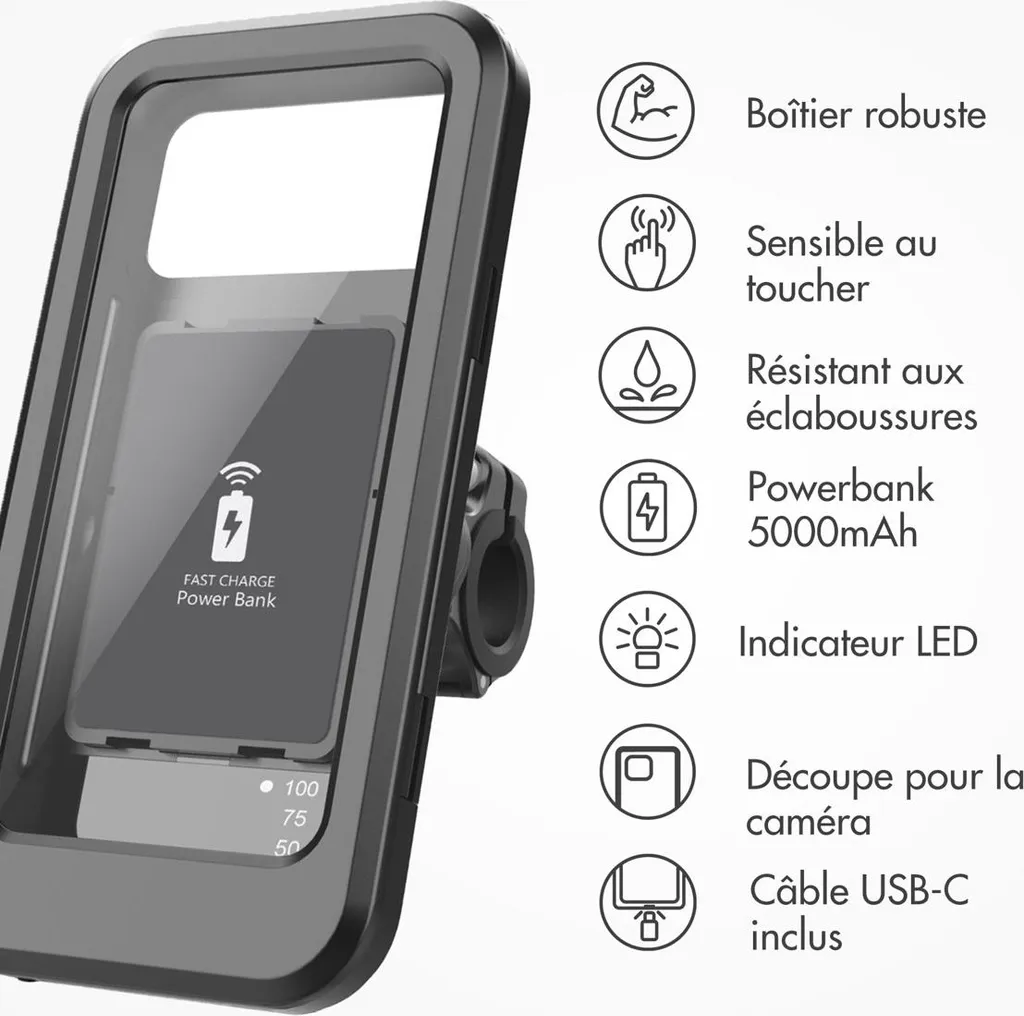 Support de Smartphone pour Vélo Universel Noir avec Powerbank Intégrée
