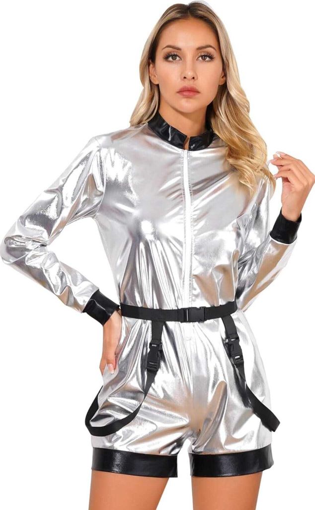 A woman wearing a silver astronaut costume.