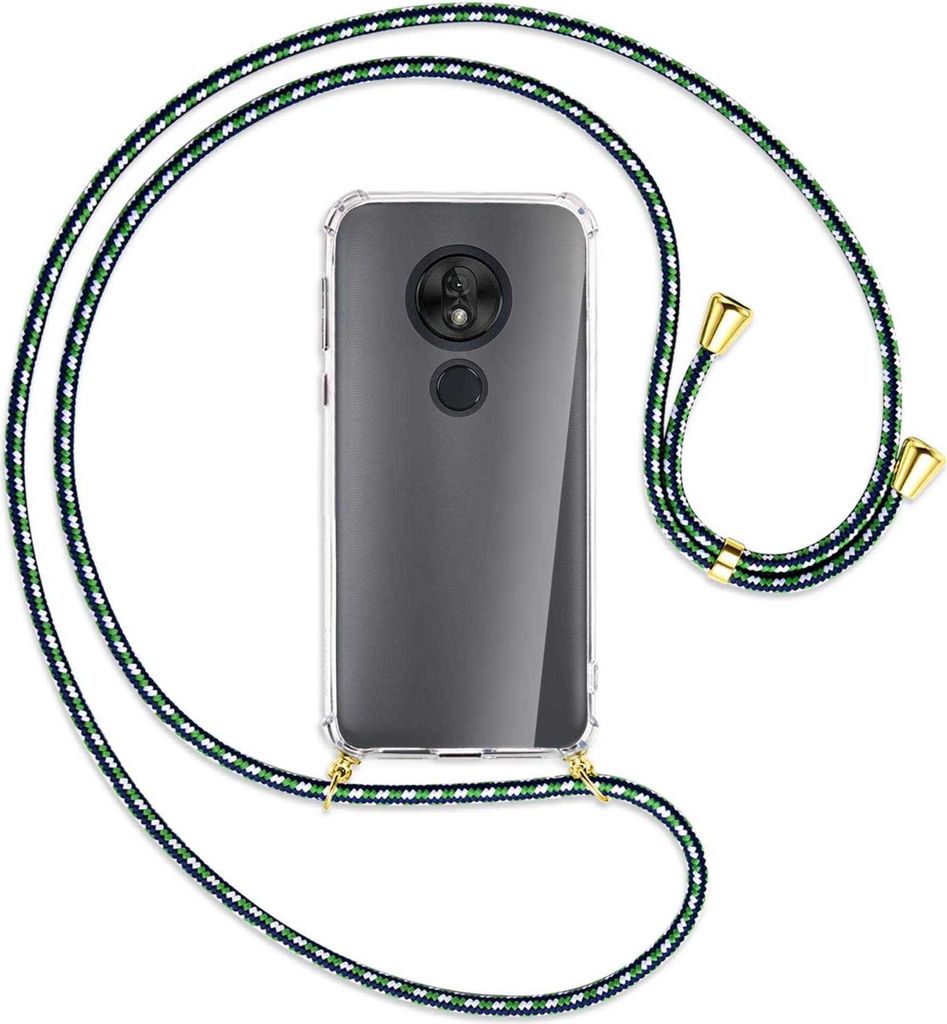 Handykette Backcover-Schutzhülle mit Band (Metall goldfarben) für Motorola Moto G7 Play - grün/blau/weiß