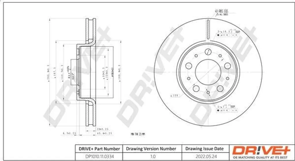 Disque de frein ventilé Dr!ve+ DP1010.11.0334 OE 272403 haute résistance
