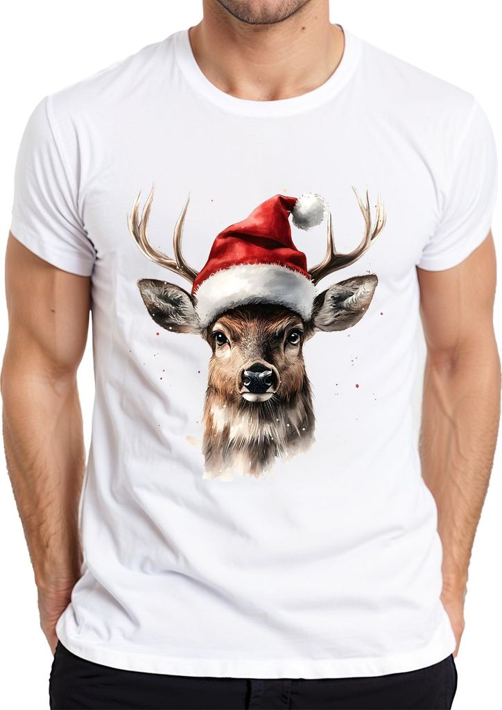 Weihnachtsrentier Geweih Santa Hut Aquarell Weihnachten Geschenk Herren T-Shirt, Weiß, 3XL
