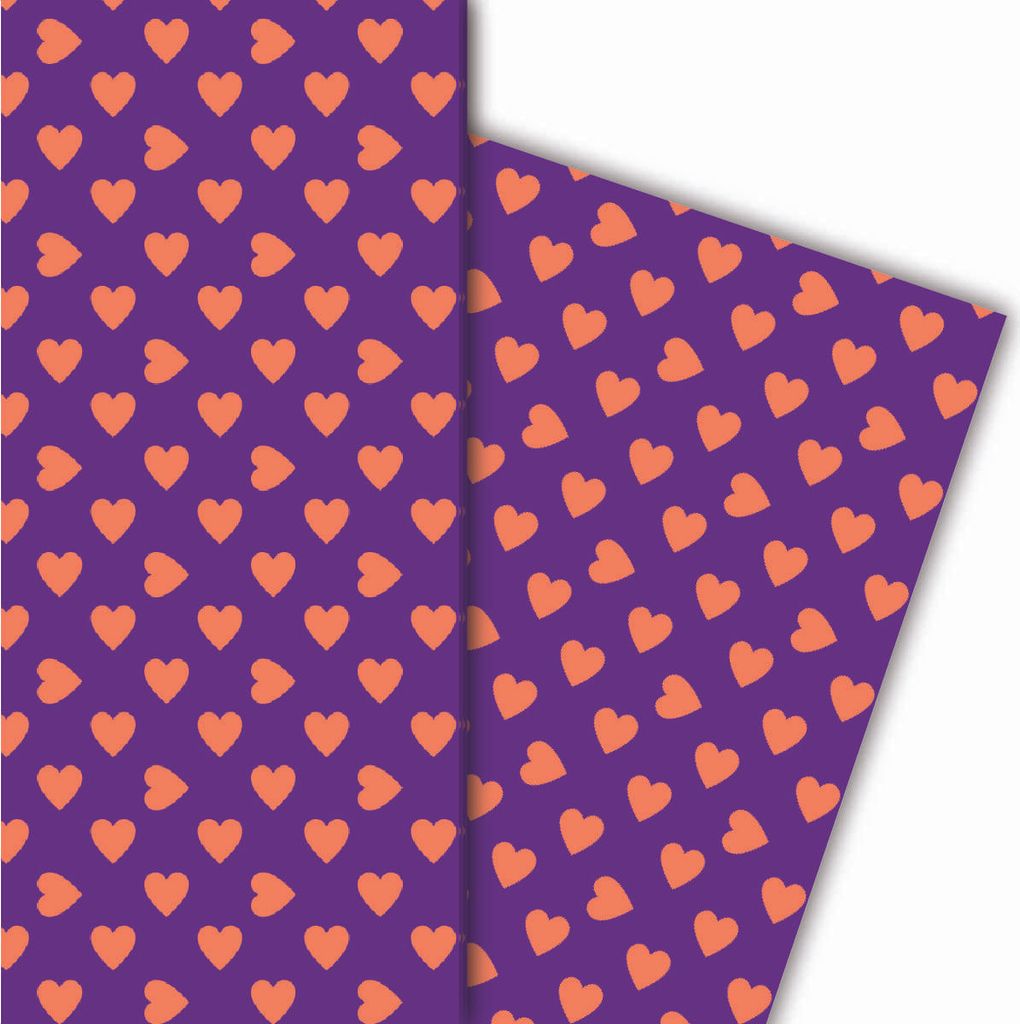 Romantisches Geschenkpapier mit großen Herzen orange auf lila - G5391, 32 x 48cm