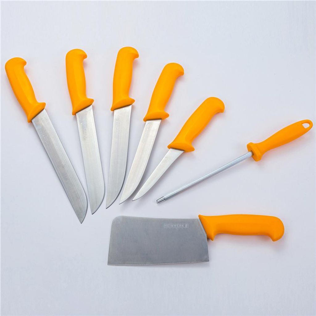 Fleischermesser Set 7-teilig aus Edelstahl mit Hackbeil & Wetzstahl | Profi Küchenmesser Set mit Fleischmesser, Stechmesser & Ausbeinmesser für F...