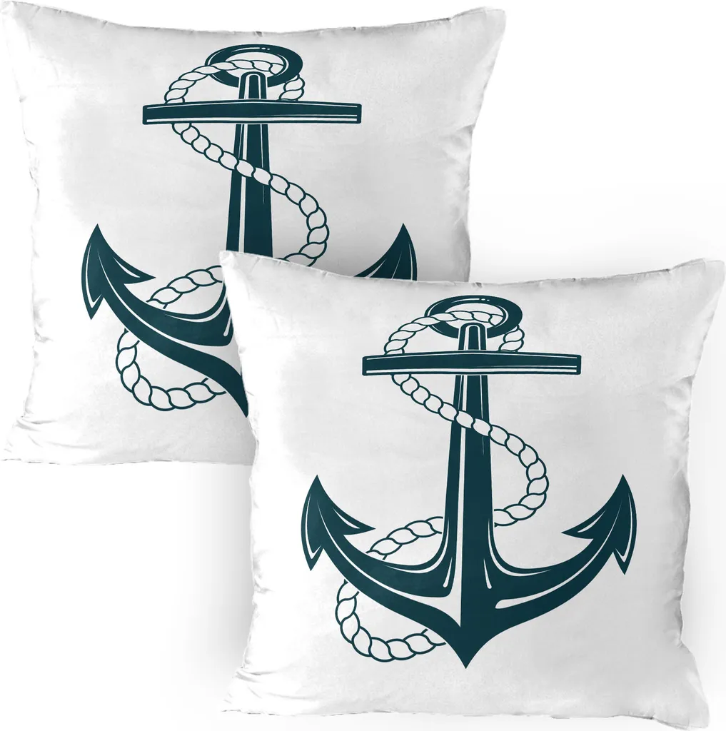 ABAKUHAUS Navy White Federa per cuscino Confezione da 2, Iconico simbolo dell'ancora marittima con una corda Arte monocromatica, Federa per cuscino decorativa stampata, 80x80 cm, Verde acqua scuro e bianco